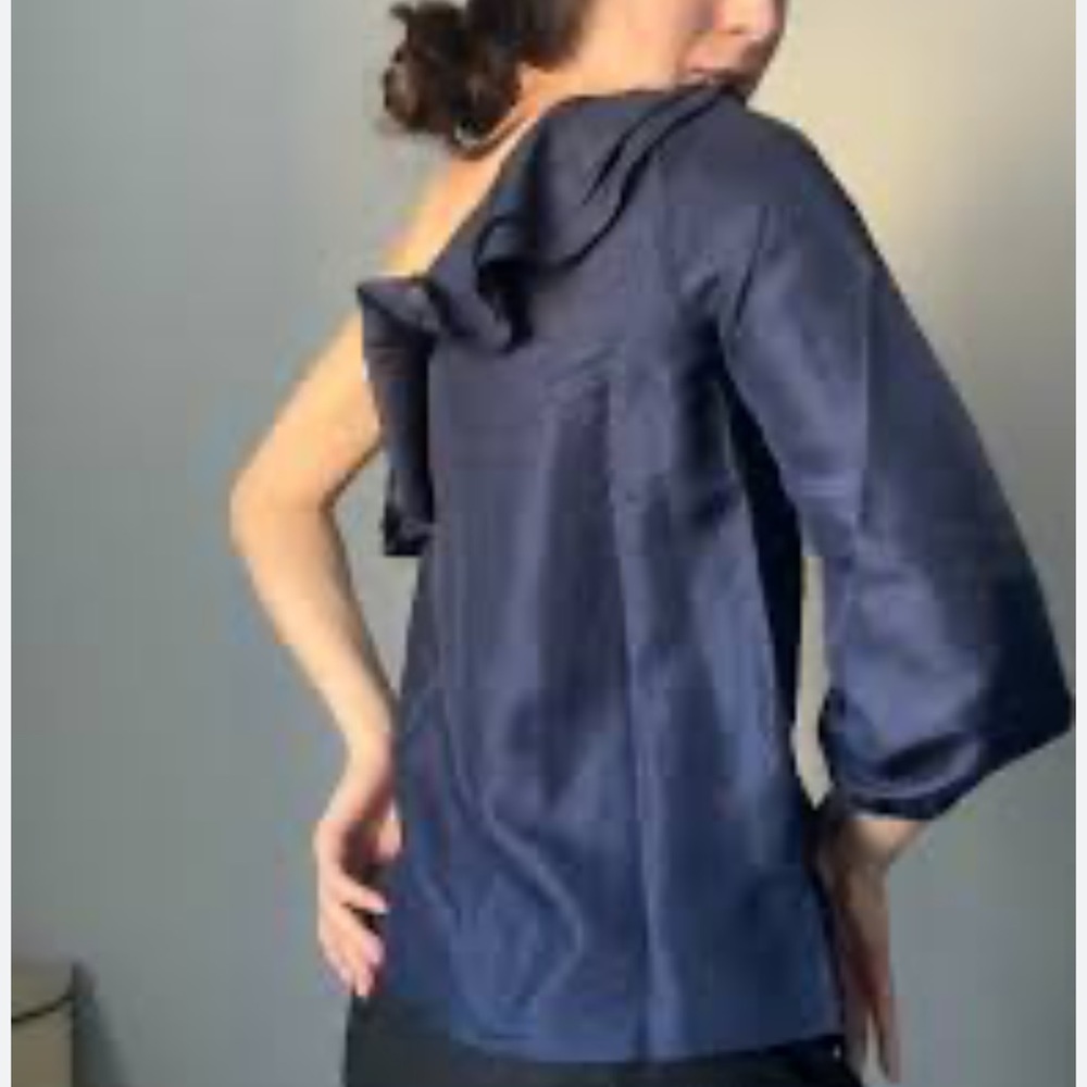 J. Crew Navy Blue Silk Ruffle One Shoulder Blouse Size 12-14